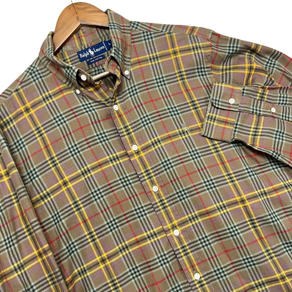 Vintage 90s Ralph Lauren Plaid Button Down Shirt Mens Large Brown Yellow Cotton